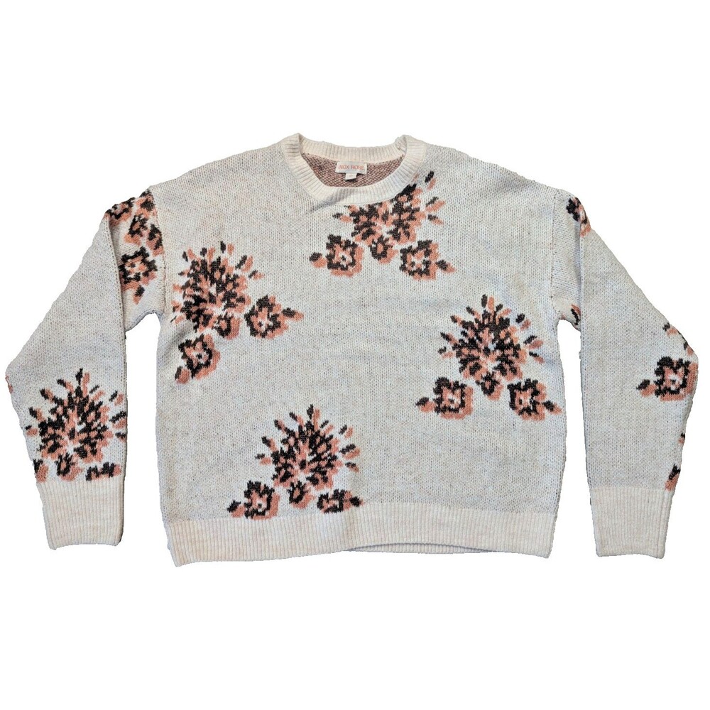 Knox Rose Knit Sweater Cream Blouse Top Size Large Red Brown Flowers NEW